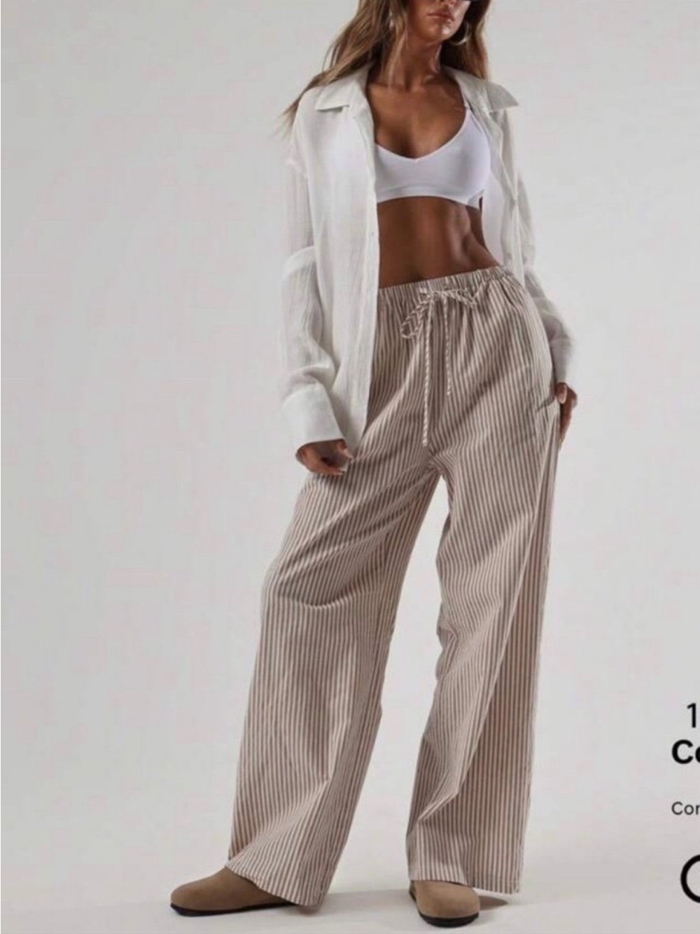 SHEIN Beige & White Striped Wide-Leg Drawstring Pants